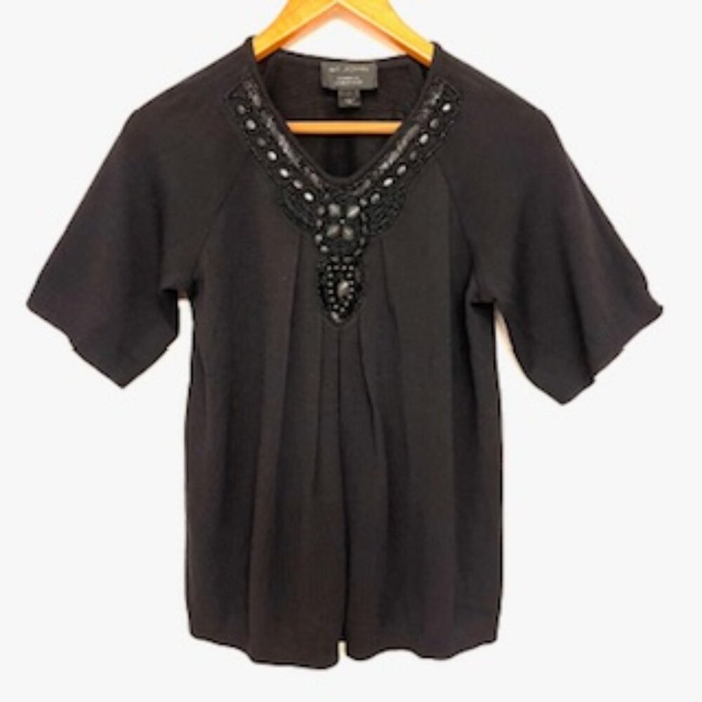 St. John Black Knit top with embellishment around the neckline